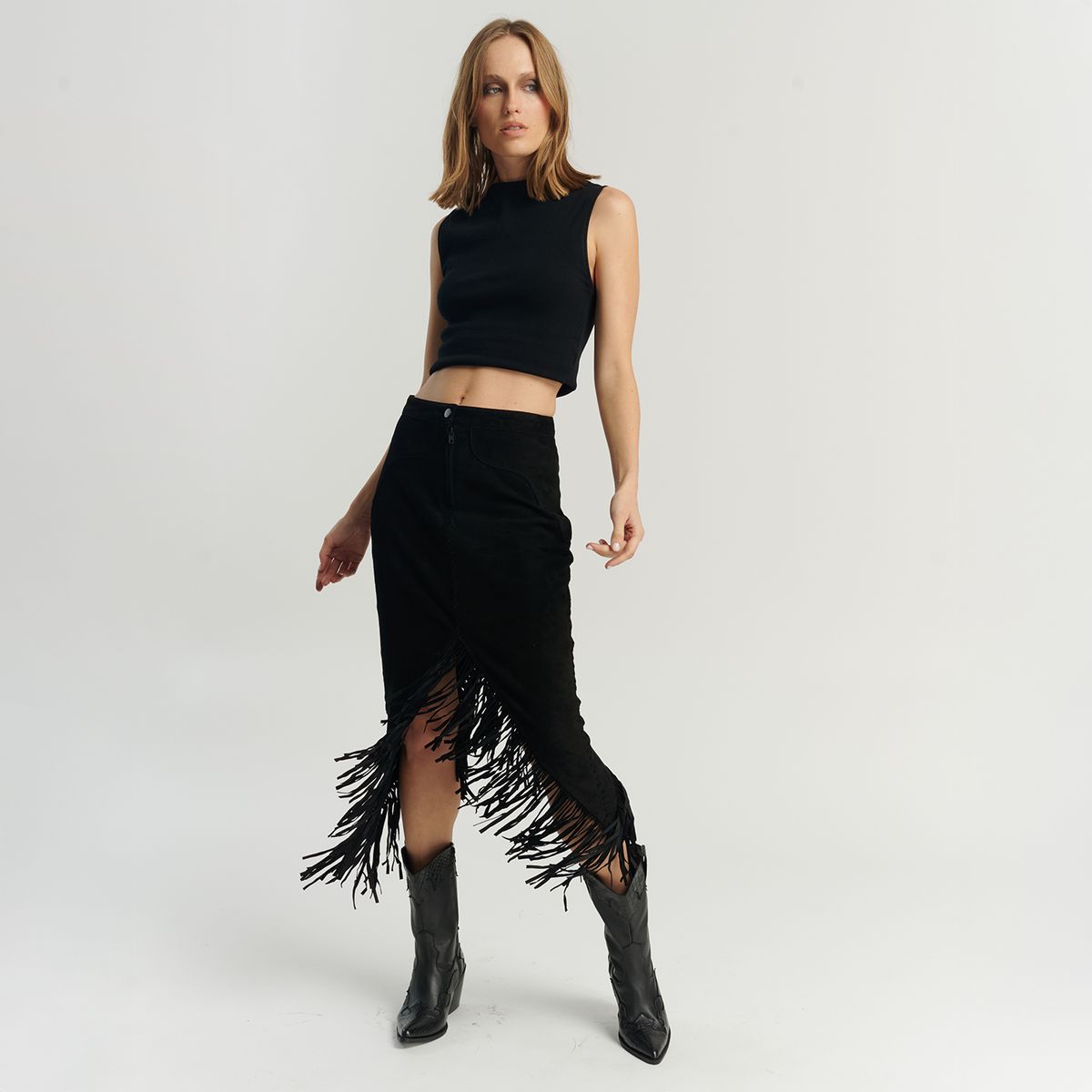HER - Falda Gamuza Flecos Negro 100% Cuero Mujer Her
