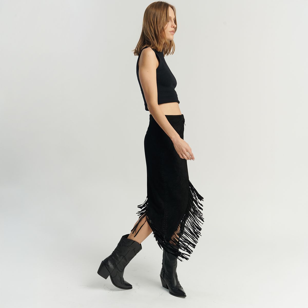 HER - Falda Gamuza Flecos Negro 100% Cuero Mujer Her