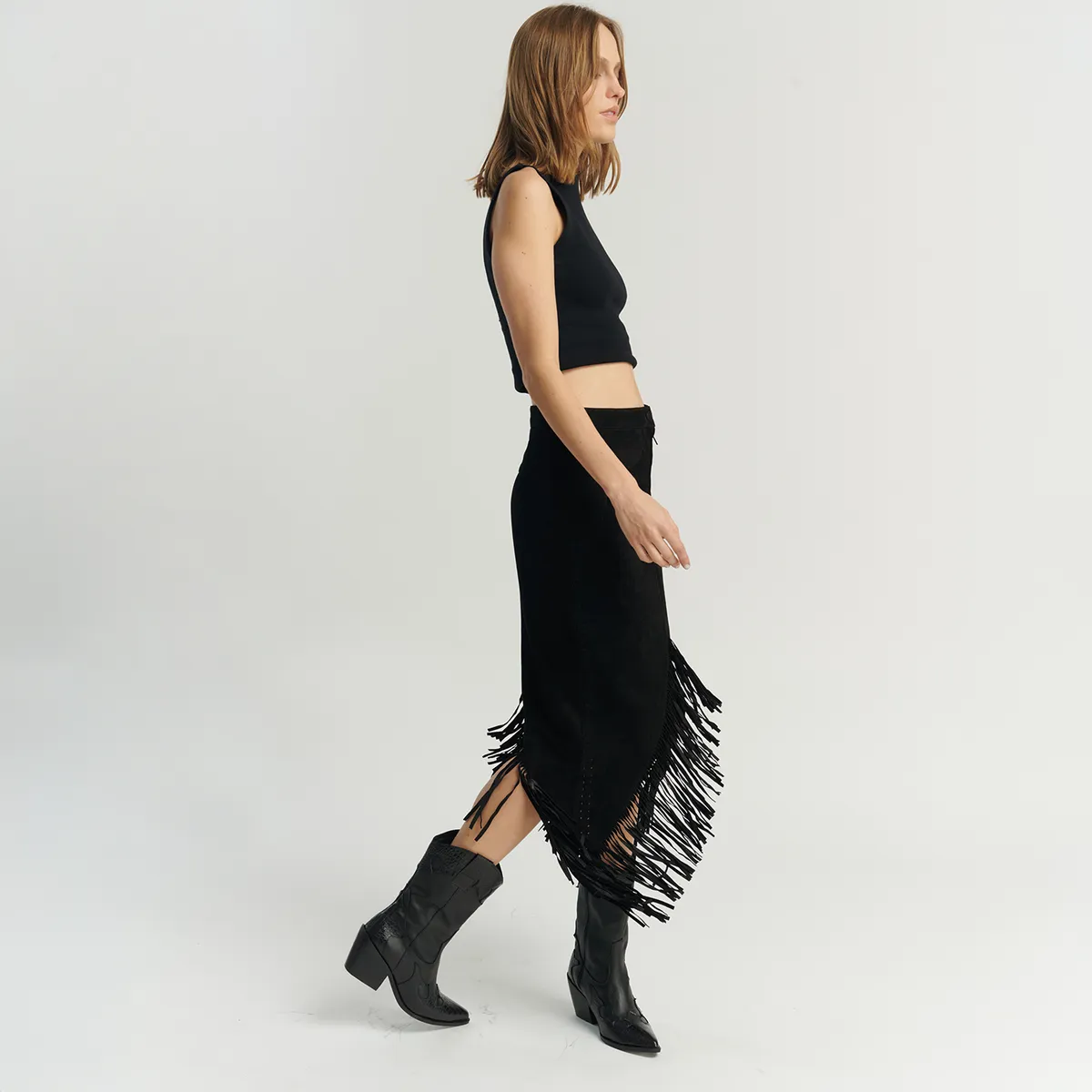 HER - Falda Gamuza Flecos Negro 100% Cuero Mujer Her