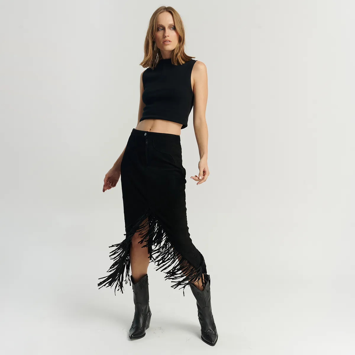 HER - Falda Gamuza Flecos Negro 100% Cuero Mujer Her
