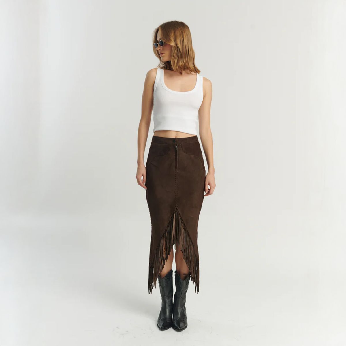 HER - Falda Gamuza Flecos Chocolate 100% Cuero Mujer Her