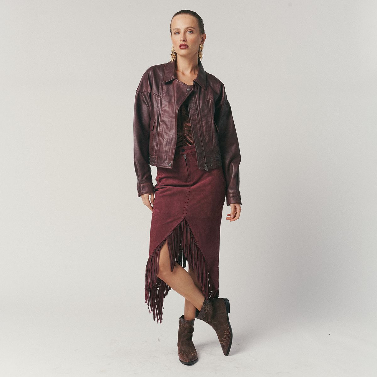 HER - Falda Gamuza Flecos Burdeo 100% Cuero Mujer Her