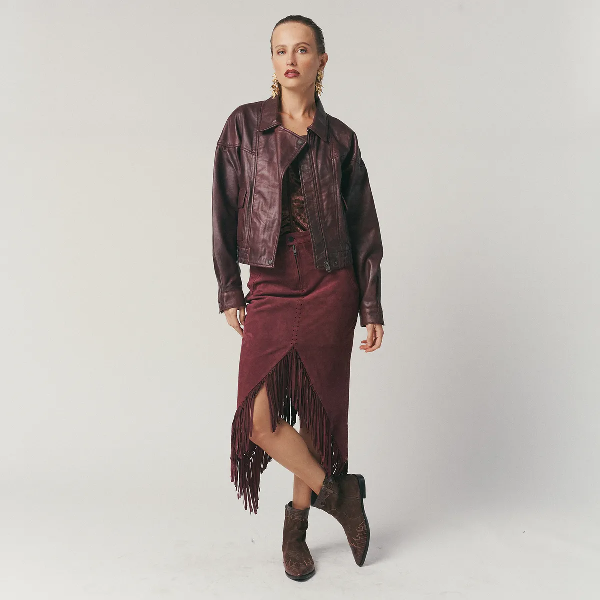 HER - Falda Gamuza Flecos Burdeo 100% Cuero Mujer Her