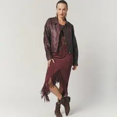 HER - Falda Gamuza Flecos Burdeo 100% Cuero Mujer