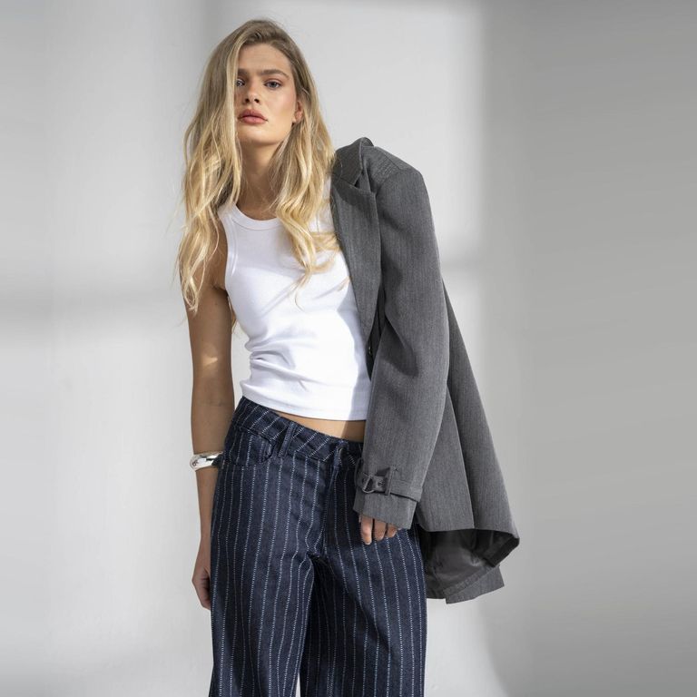 Jeans Wide Leg Rayas Tiro Bajo Azul R Mujer