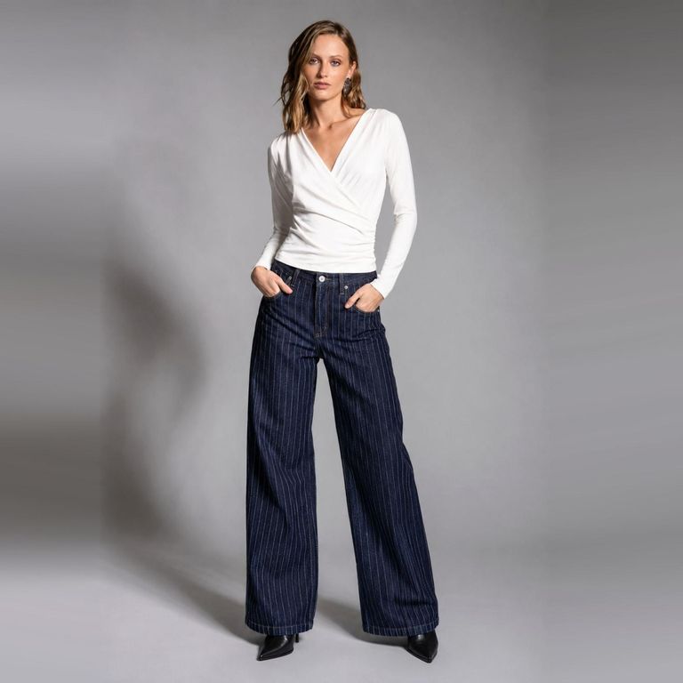 Jeans Wide Leg Rayas Tiro Bajo Azul R Mujer