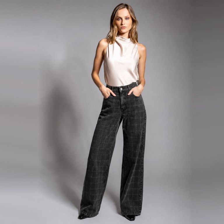 Jeans Tiro Bajo Wide Leg Checks Marengo Mujer
