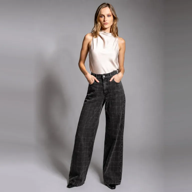 Jeans Tiro Bajo Wide Leg Checks Marengo Mujer