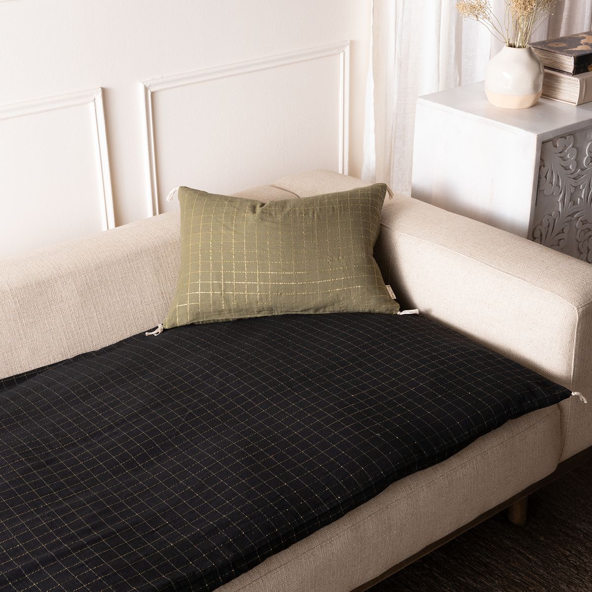 BONCOEURS - Sofá Cover Lurex Carreau Carbón 85X200 Cm Con Relleno