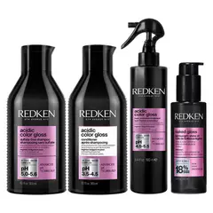 REDKEN - Set Brillo Intenso Cabello con Color Acidic Color Gloss Shampoo 300 ml + Acondicionador 300ml + Leave in 190ml + Aceite Naked Gloss 100ml