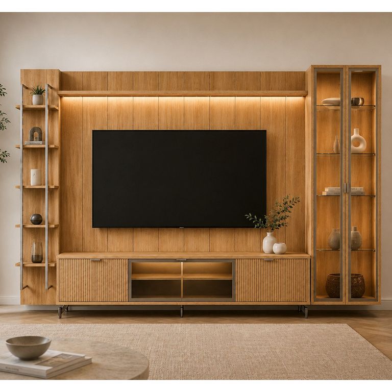 DECOCASA Rack+Panel 1.8 Neon Float Led+Vitrina 2P+Rep Carvalho