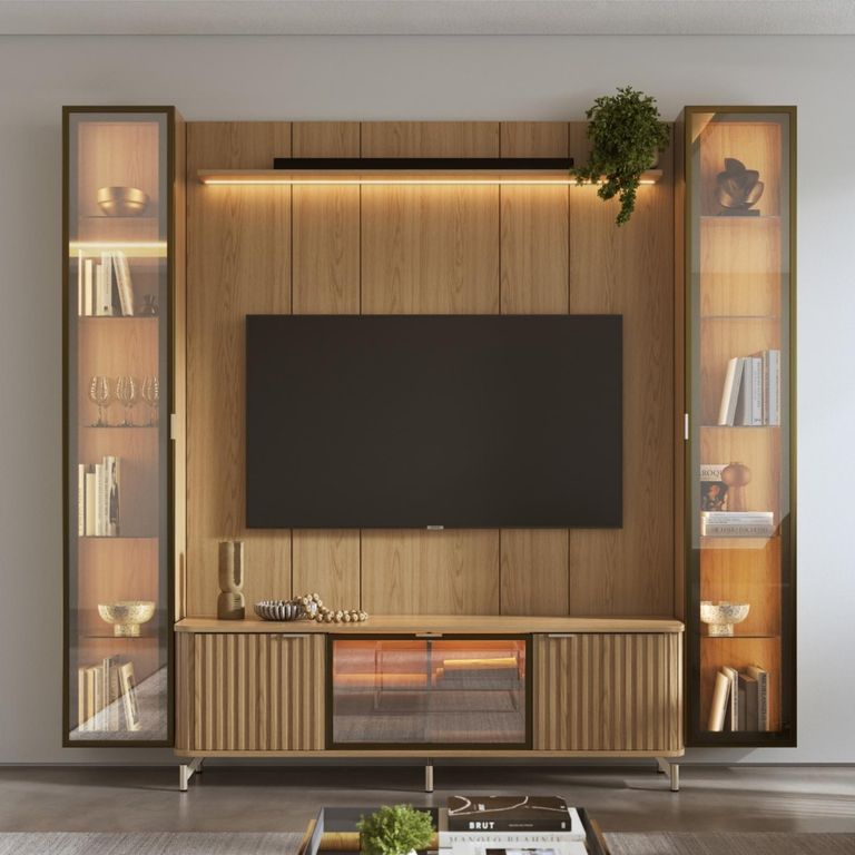 DECOCASA Rack 1.7+Panel 1.8 Neon F Led+2 Vitrinas 1P Carvalho