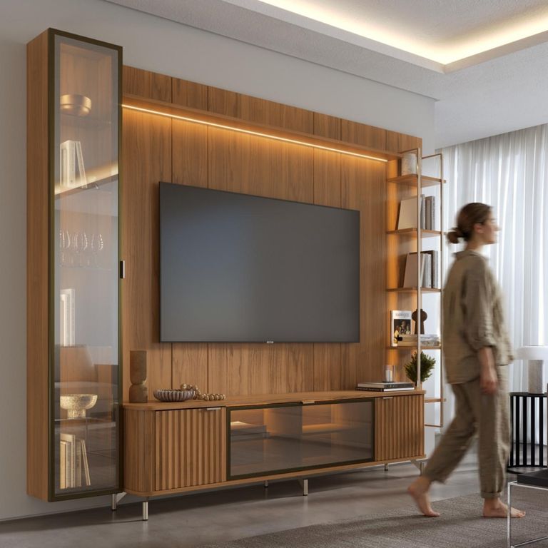 DECOCASA Rack+Panel 2.2 Neon Fl Led+Vitrina 1P+Repisas Canela