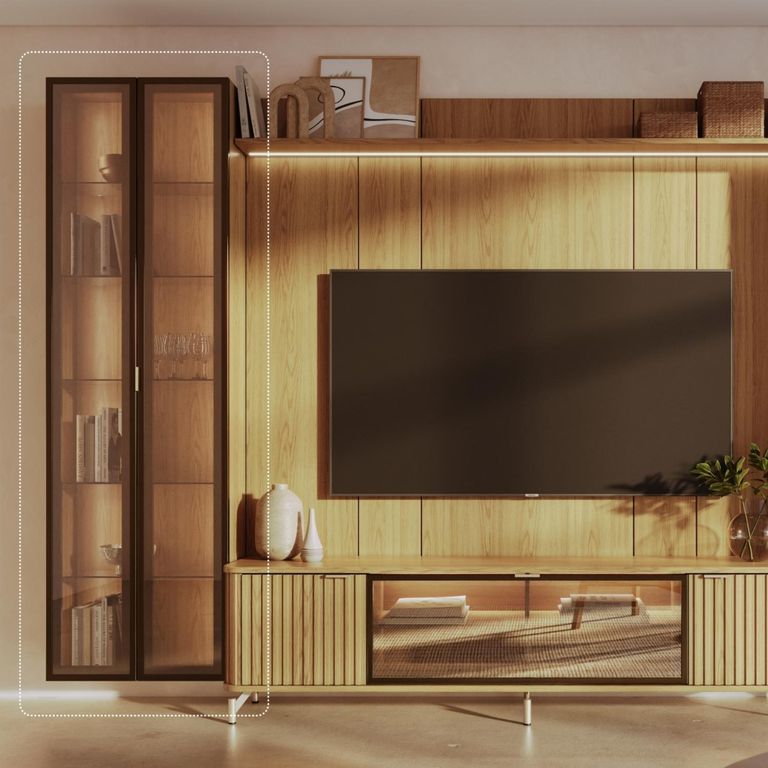 DECOCASA Rack+Panel 1.8 Neon F Led+2Vitrinas 2P Carvalho