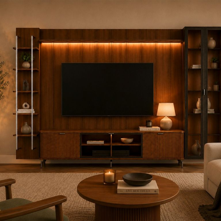 DECOCASA Rack 1.7+Panel 1.8 Neon F Led+Vitrina 2P+Rep Canela