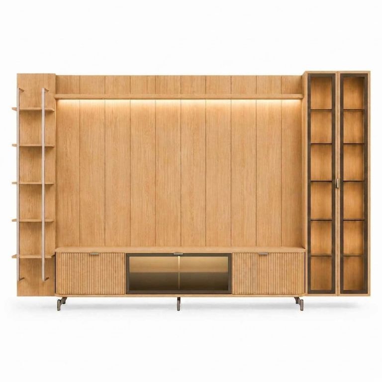 DECOCASA Rack+Panel 2.2 Neon Fl Led+Vitrina 2P+Repisas Carvalho