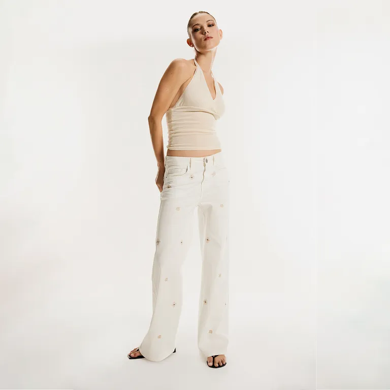Jeans Bordado Wide Leg Mujer