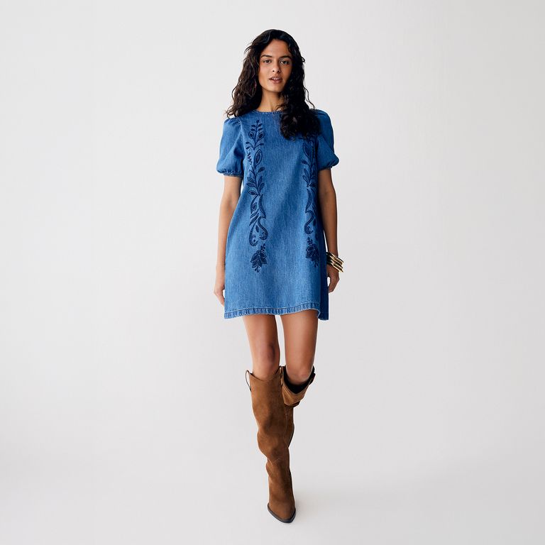Vestido Denim Bordado Floral Mujer