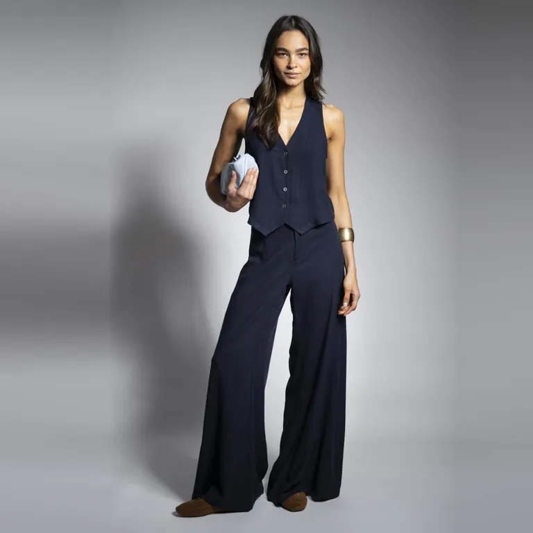 Pantalon Tiro Medio Wide Leg Anna Ta L Azul Mujer