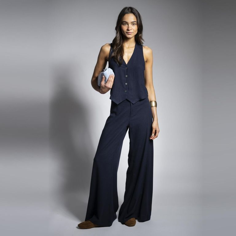 Pantalon Tiro Medio Wide Leg Anna Ta L Azul Mujer