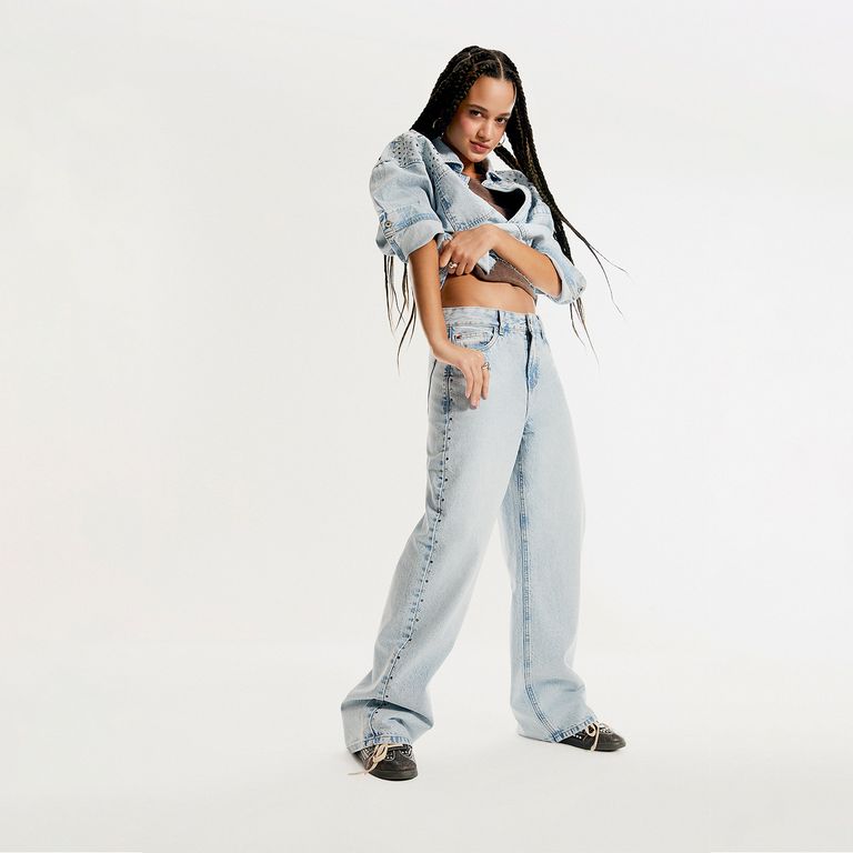 Jeans Tachas Wide Leg Tiro Medio Mujer