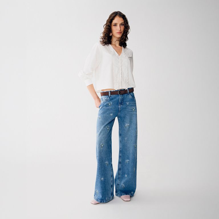 Pantalón Straight Flores Bordadas Mujer