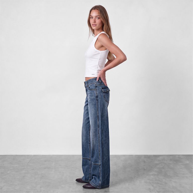 Jeans Pretina Botones Tiro Bajo Mujer