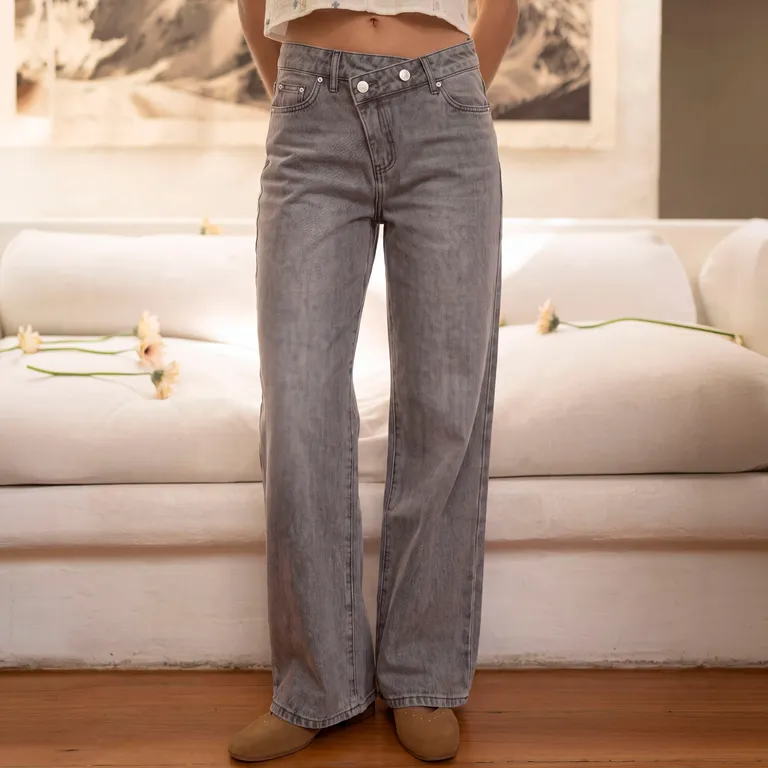 Jeans Pretina Cruzada Wide Leg Mujer