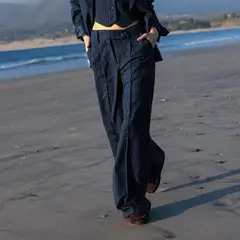 RAINDOOR - Pantalón Sastrero Raya Lurex Blue Tiro Medio Mujer