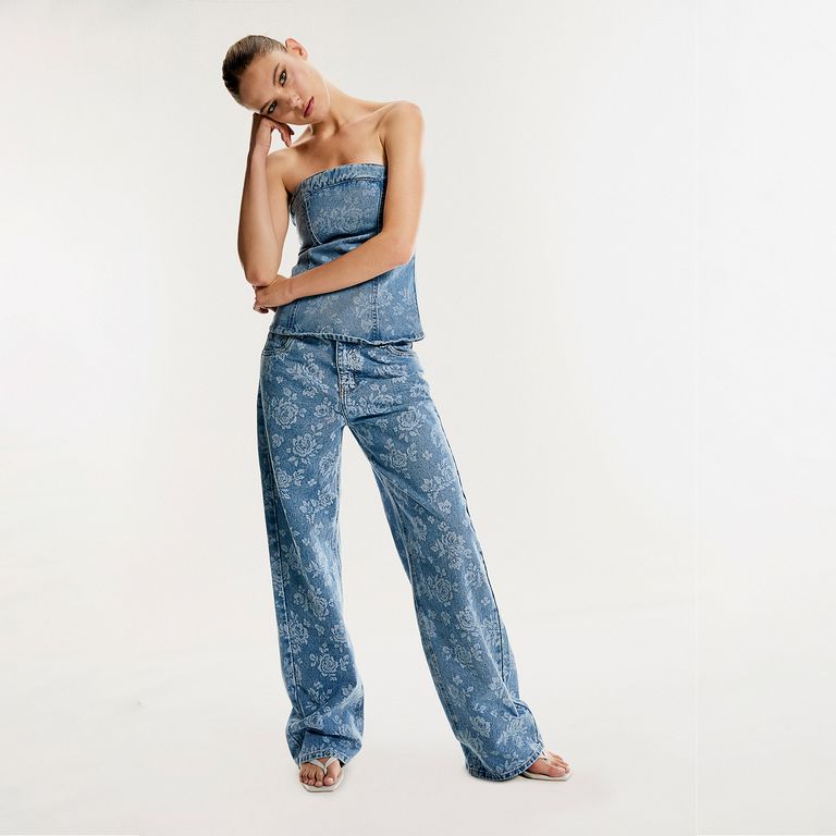 Jeans Straight Estampado Floral Mujer