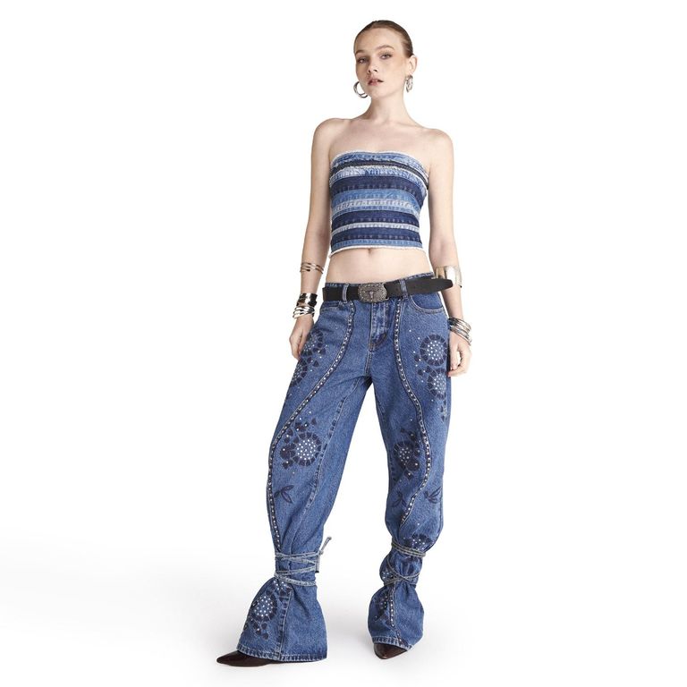 Jeans Straight Denim con Bordados Mujer