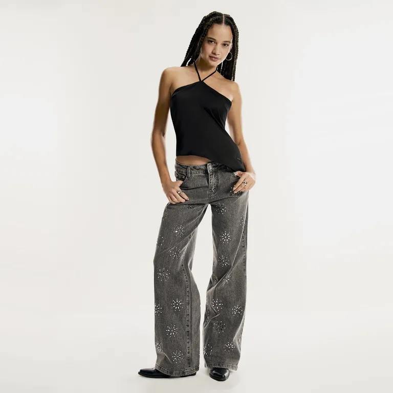Jeans Flores Brillos Mujer