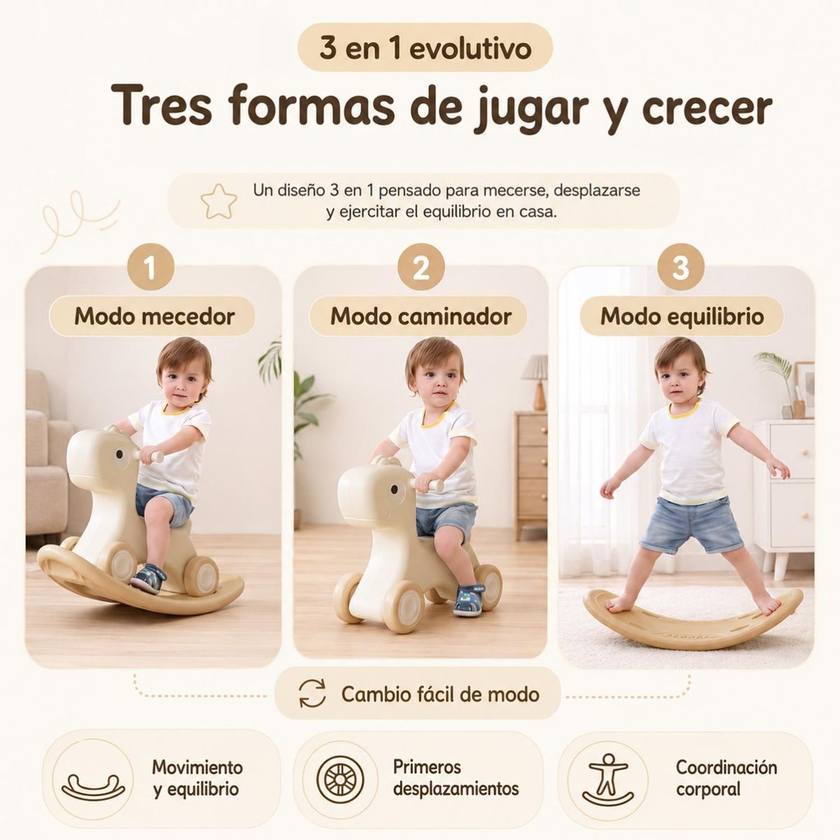 KIDS COOL - Caminador Mecedor Caballito 3 En 1 Kidscool Crudo Neutro Estilo Off White