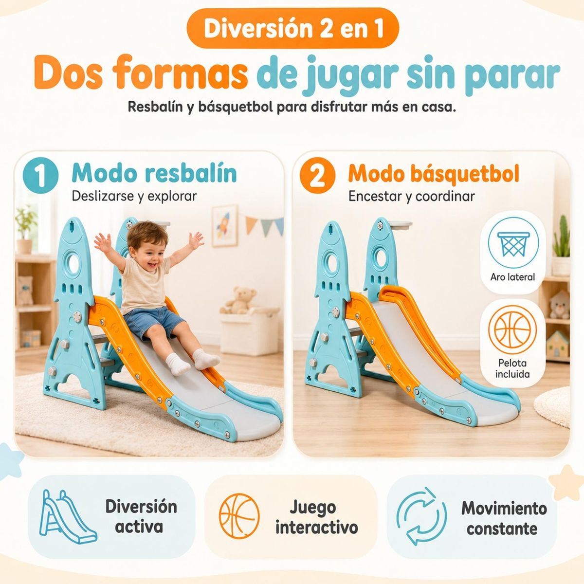 KIDS COOL - Resbalín Infantil Con Aro De Basquetbol Kidscool Centro De Juegos Celeste