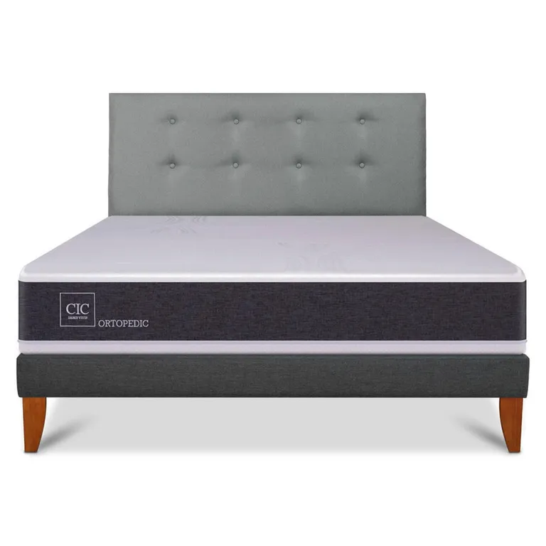 Cama Europea Box Ortopedic 2 Plazas Respaldo Gris