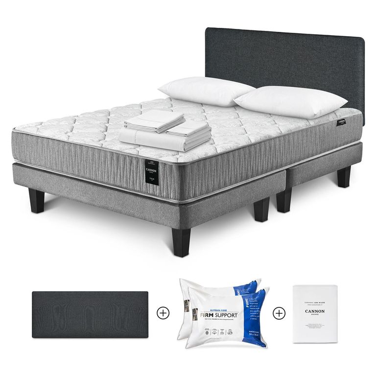 Cama Box Spring Calm 2 Plazas x 2.00 mt + Almohada Firm Support + Sábanas 180 Hilos + Respaldo Wall +