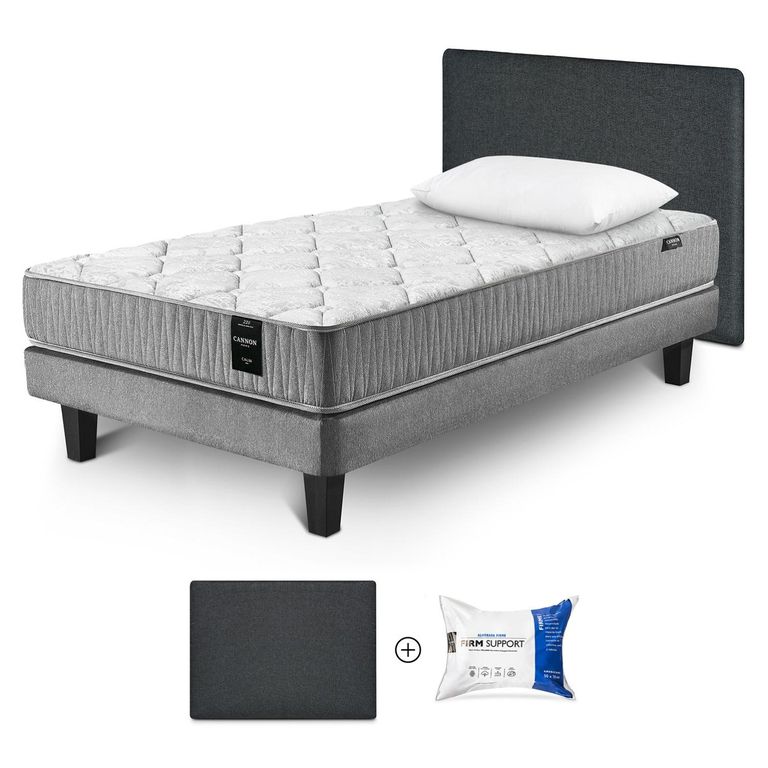 Cama Box Spring Calm 1.5 Plazas x 2.00 mt + Almohada Firm Support + Respaldo Kir +