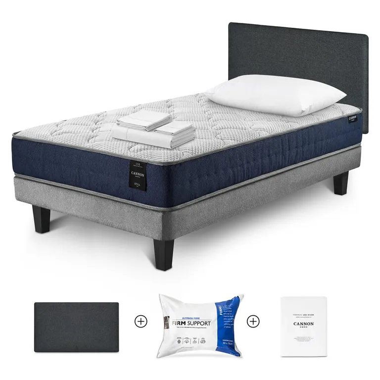 Cama Box Spring New Still 1.5 Plazas x 2.00 mt + Almohada AF + Sábanas 144 Hilos + Respaldo Wall +