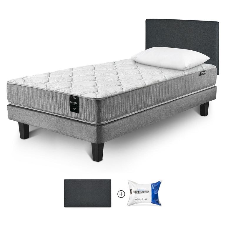 Cama Box Spring Calm 1.5 Plazas x 2.00 mt + Almohada Firm Support + Respaldo Wall Marengo +