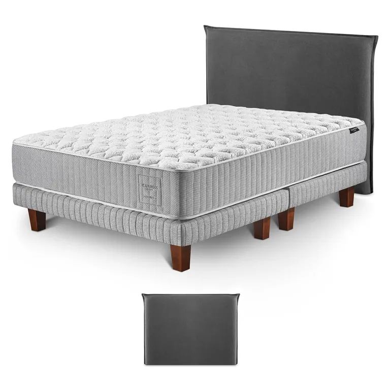 Cama Box Spring Hybrid Cotton 2 Plazas x 2.00 mt + Respaldo Pestaña Lino Gris +
