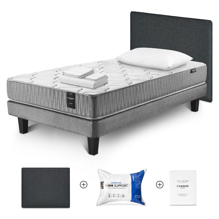 Cama Box Spring I-Rest 1.5 Plazas x 2.00 mt + Almohada Firm Support + Sábanas 180 Hilos + Respaldo Kir +