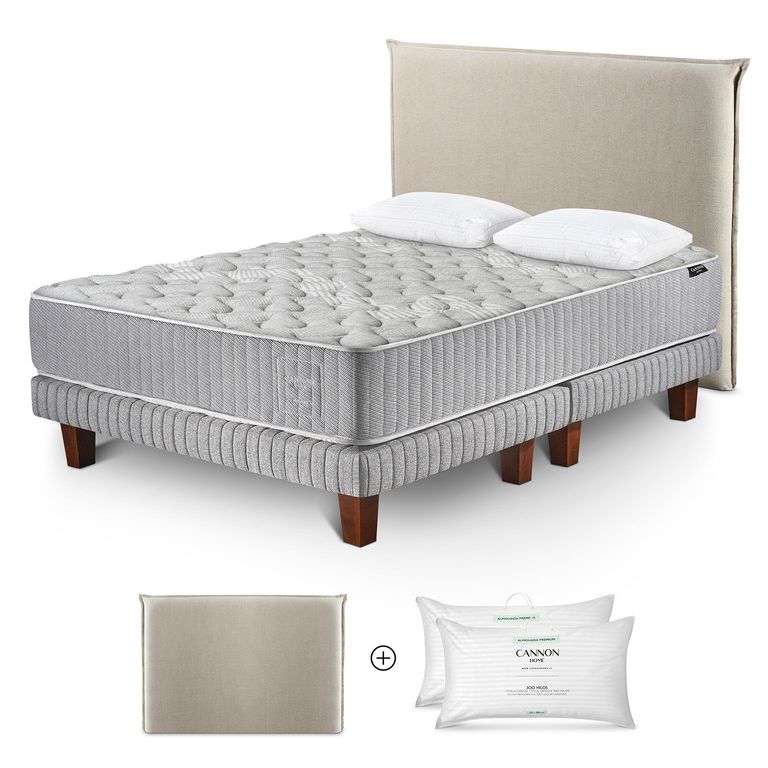 Cama Box Spring Hybrid Wool King x 2.00 mt + Almohada Premium Dobby + Respaldo Lino Beige +