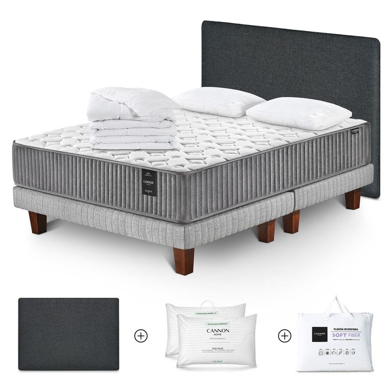 Cama Box Spring Silence 2 Plazas x 2.00 mt + Almohada Premium Dobby + Duvet Soft Fiber + Respaldo Kir +