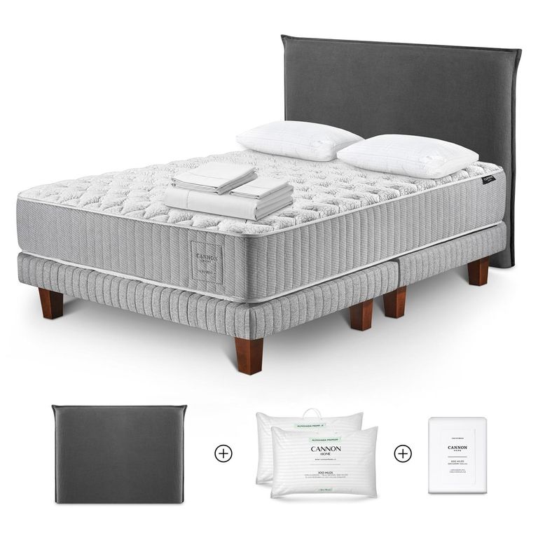 Cama Box Spring Hybrid Cotton 2 Plazas x 2.00 mt + Almohada Premium Dobby + Sábanas 300 Hilos + Respaldo Lino Gris +