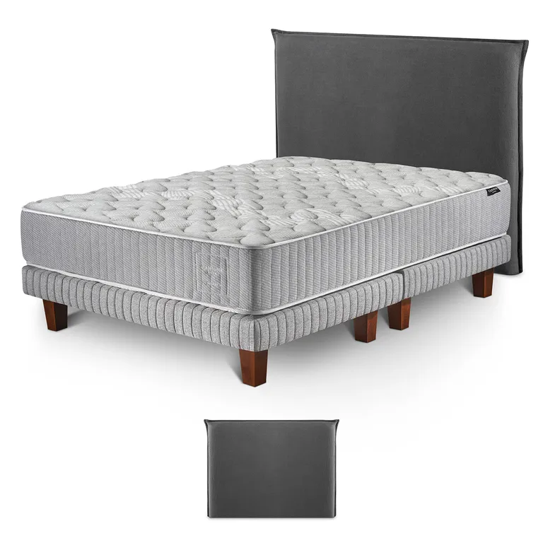 Cama Box Spring Hybrid Wool 2 Plazas x 2.00 mt + Respaldo Pestaña Lino Gris +