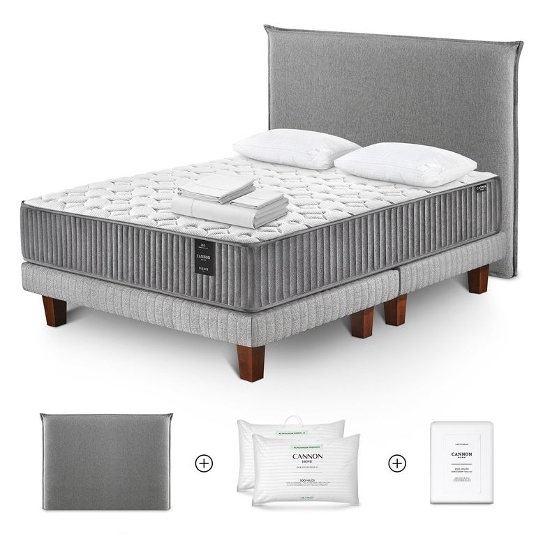 Cama Box Spring Silence 2 Plazas x 2.00 mt + Almohada Premium Dobby + Sábanas 180 Hilos + Respaldo Orleans +