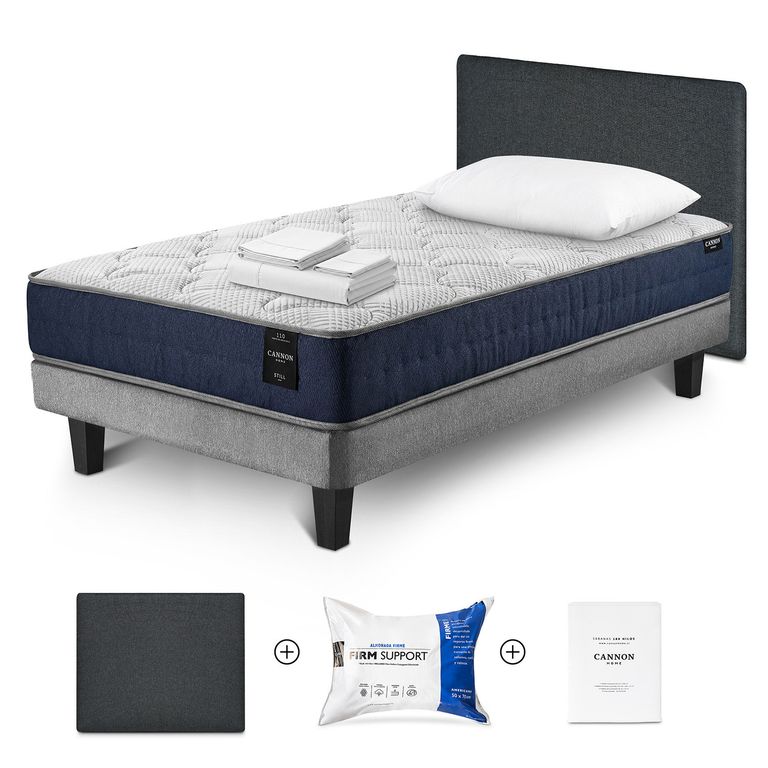 Cama Box Spring New Still 1.5 Plazas x 2.00 mt + Almohada AF + Sábanas 144 Hilos + Respaldo Kir +