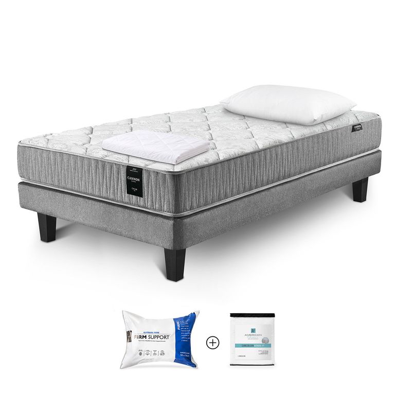 Cama Box Spring Calm 1.5 Plazas x 2.00 mt + Almohada Firm Support + Cubrecolchón Esencial Fit +