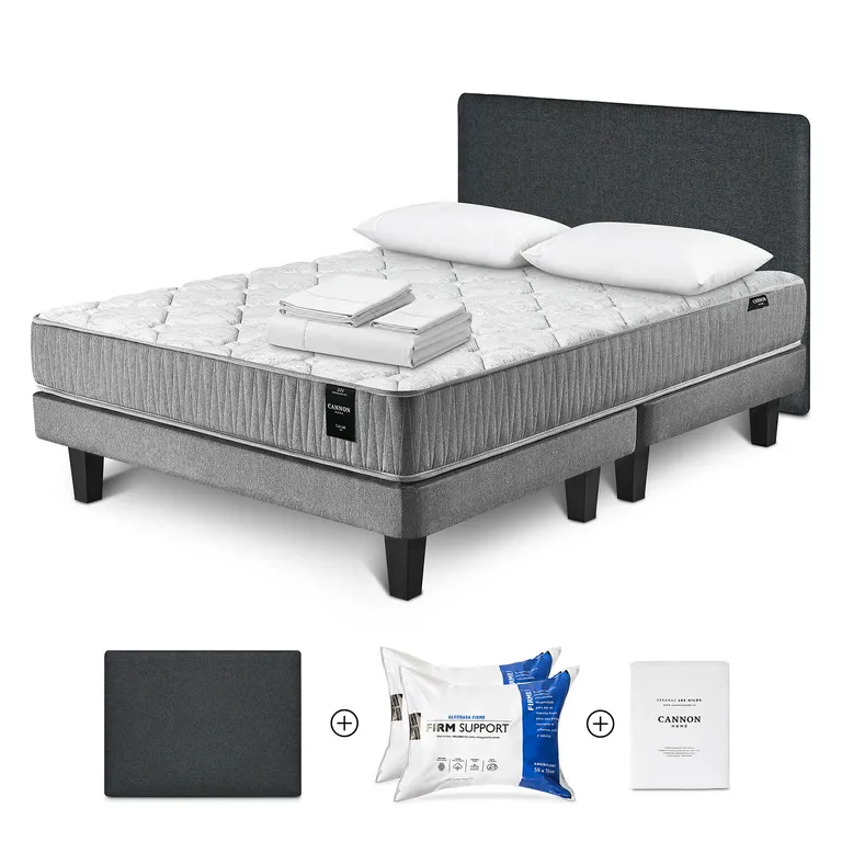 Cama Box Spring Calm 2 Plazas x 2.00 mt + Almohada Firm Support + Sábanas 180 Hilos + Respaldo Kir +