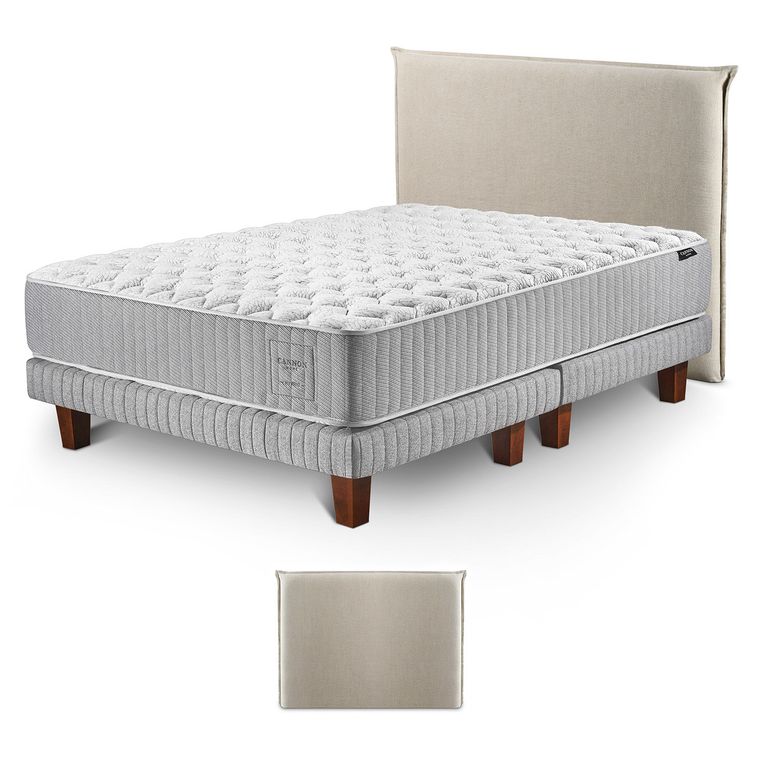 Cama Box Spring Hybrid Cotton King x 2.00 mt + Respaldo Pestaña Lino Beige +